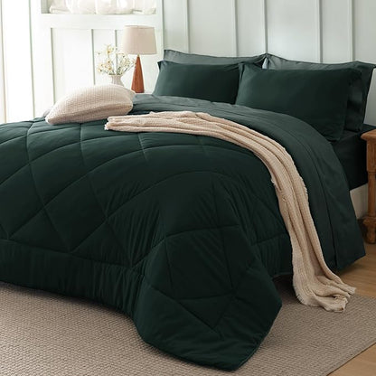 Bedsure Twin Comforter Set - 5 Pieces Reversible Emerald Green Bedding, Twin Size Bed Set for All Seasons, Bed in a Bag with Down Alternative Comforter, Sheets, Pillowcase & Sham