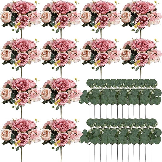Peony Artificial Flowers, Faux Peonies Hydrangea Eucalyptus Bouquet 12 Packs Silk Vintage Realistic Peony Floral Arrangement for Wedding Centerpiece Table Vase Home Party Decor-Dusty Pink