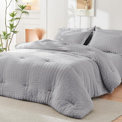 HYMOKEGE Light Grey Full Size Comforter Sets Seersucker 7 Pieces, All Season Luxury Bed in a Bag for Bedroom, Bedding Set with Comforters, Sheets, Pillowcases & Shams
