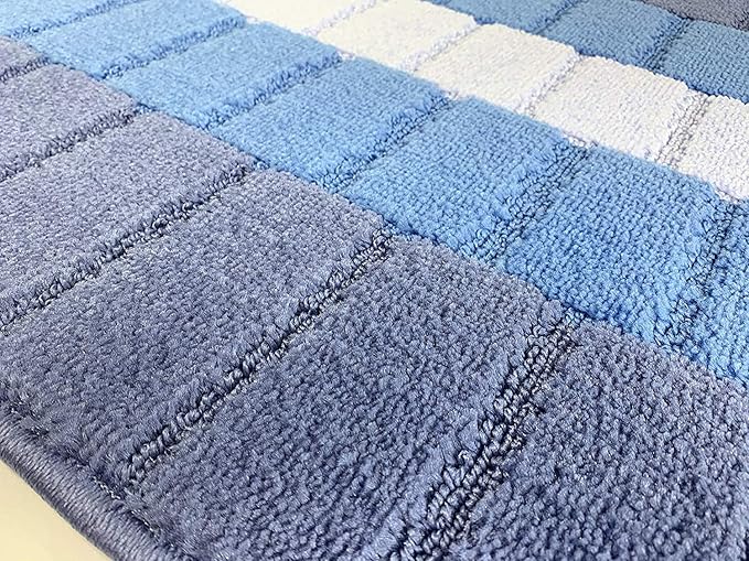 Custom Size Coastal Nautical Style Runner Rug Carpet for Hallway Entryway, Slip Resistant Latex Rubber Backed, 31 inch Wide X Customized Length, Squares Blue, 31 inch X 21 feet