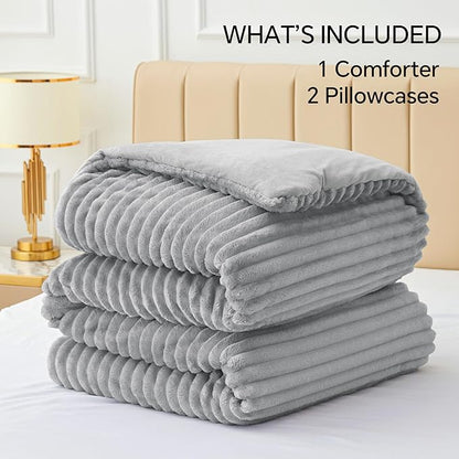 BEDELITE Fleece Queen Comforter Set -Super Soft & Warm Fluffy Light Grey Bedding, Luxury Fuzzy Heavy Bed Set for Winter with 2 Pillow Cases