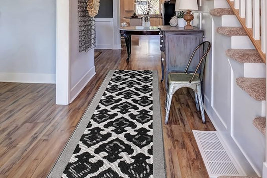Custom Length Cut to Size Fleur de Lis Inspired Carpet Runner Rug for Hallways, Non Slip Rubber Backed, 31 inch Wide X Customized Length, Royal Grey, 31 inch X 6 feet