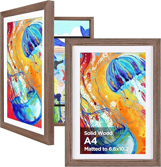 KINLINK A4 Kids Art Frames Set of 2, Solid Wood Kids Artwork Frames Changeable with Acrylic Front Opening Holds 150 Pictures 8.3x11.7, Art Frame for Kids Artwork with Mat or without Mat, Brown Wood