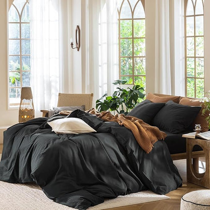 MooMee Bedding Duvet Cover Set 100% Washed Cotton Linen Like Textured Breathable Durable Soft Comfy (Solid Black, Super Queen 90"x98")