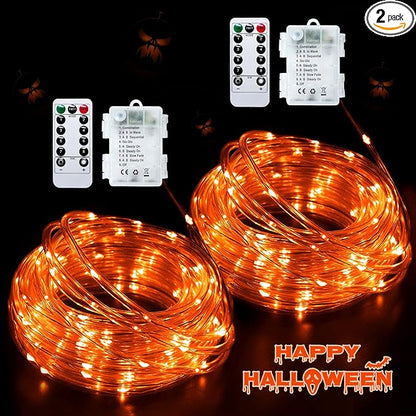 JMEXSUSS 2 Pack Orange Rope Lights Battery Operated Halloween Lights Outdoor Waterproof, Each 33 ft 100 LED Battery String Lights with Remote, Orange Light for Balcony Garden Halloween Decor