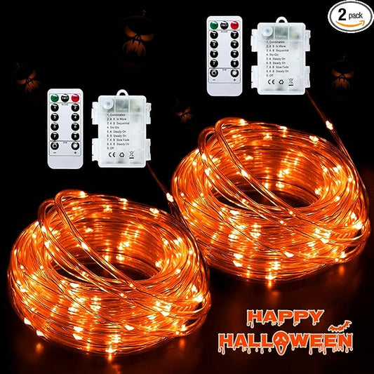 JMEXSUSS 2 Pack Orange Rope Lights Battery Operated Halloween Lights Outdoor Waterproof, Each 33 ft 100 LED Battery String Lights with Remote, Orange Light for Balcony Garden Halloween Decor