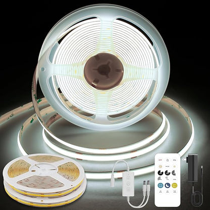 COB LED Strip Lights Cool White,24V Dimmable led Light Strip KIT with Remote and app Control,6000K 32.8FT/2 * 5m 8mm Wide Ra>90 Cuttable Flexible Strip Lights for Bedroom,Shelf,Cabinet