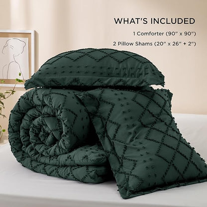 Bedsure Queen Comforter Set - Forest Green Comforter, Boho Tufted Shabby Chic Bedding for Kids, 3 Pieces Vintage Farmhouse Bed Set for All Seasons, Fluffy Soft Bedding with 2 Pillow Shams