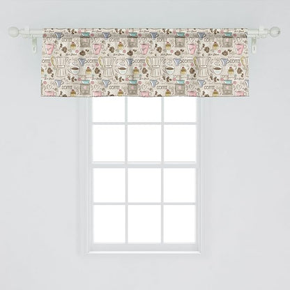 Ambesonne Modern Window Valance, Coffee Time Vintage Espresso Machine Cupcakes Beans Design, Curtain Valance for Kitchen Bedroom Decor with Rod Pocket, 42" x 18", Pale Pink Beige