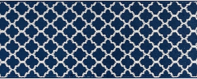 Custom Size Cut to Length Moroccan Trellis Design Runner Rug Mat For Wide Long Hallways with Non-Slip Rubber Backing, Better Traction for Pets, Prevent Slippage, Trellis Navy Blue, 31 inch X 11 feet