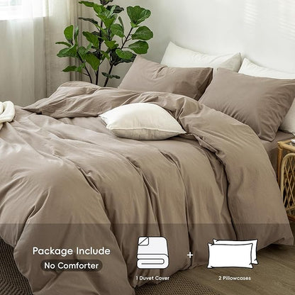 MooMee Bedding Duvet Cover Set 100% Washed Cotton Linen Like Textured Breathable Durable Soft Comfy (Solid Mocha Brown, Full 80"x90")