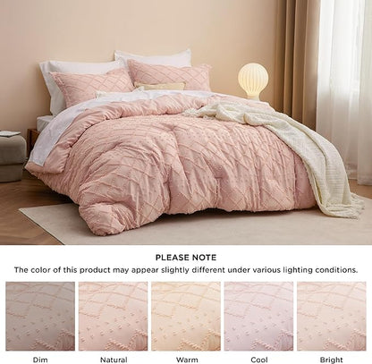 Bedsure King Comforter Set - Coral Pink Comforter, Boho Tufted Shabby Chic Bedding for Kids, 3 Pieces Vintage Farmhouse Bed Set for All Seasons, Fluffy Soft Bedding with 2 Pillow Shams