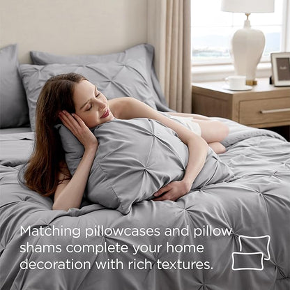 Bedsure King Size Comforter Set - Bedding Sets King 7 Pieces, Pintuck Bed in a Bag Grey Bed Set with Comforter, Sheets, Pillowcases & Shams