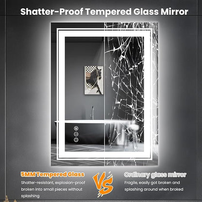 LED Bathroom Mirror, 20"x28" Mirror with Front and Backlit, Anti-Fog, Bathroom Vanity Mirror for Wall, Memory, Stepless Dimmable, Tempered Glass (Horizontal/Vertical)