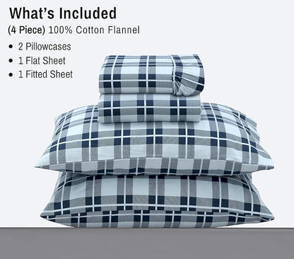RUVANTI Flannel Sheets King Size - 100% Cotton Brushed King Size Sheets Set - Deep Pockets 16 Inches Bed Sheets - All Seasons Breathable & Extra Soft - Warm & Cozy, 4 Piece, Illusion Check