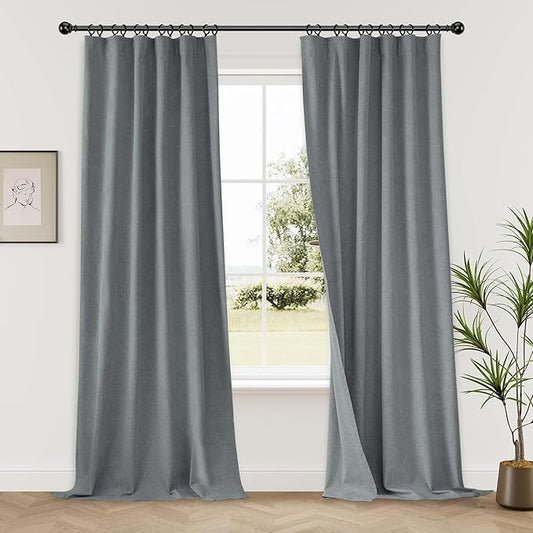 KangBang 120 Inch Black Out Linen Curtains 2 Panels Set for High Windows, Back Tab Rod Pocket Neutral Morden Tweed Blackout Linen Curtains for Living Room Sliding Patio Door(52x120 Inch, Frost Gray)