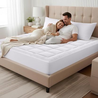 OLANLY Queen Quilted Fitted Mattress Pad – Soft Pillow Top Mattress Topper, Down Alternative Fill, Cooling Comfort Breathable Mattress Cover, Machine Washable Deep Pocket Mattress Protector, White