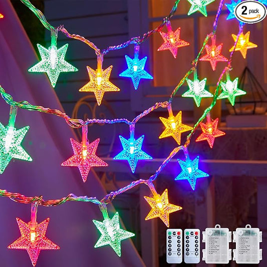 Brightown Star String Lights Battery Operated - 2 Pack 17 ft 50 LED Star Fairy String Lights with Remote and Timer, 8 Modes Waterproof for Bedroom Tent Loft Bed Patio Party Wedding Decor, Multicolor