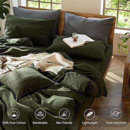 MooMee Bedding Duvet Cover Set 100% Washed Cotton Linen Like Textured Breathable Durable Soft Comfy (Solid Olive Green, Oversized King Plus 128"x120")