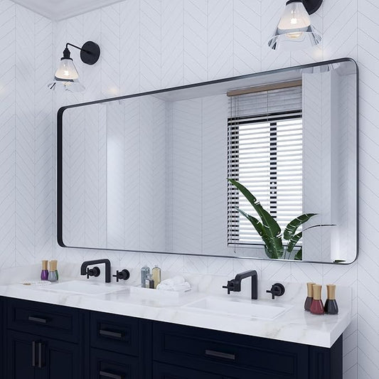 VocalStar Black Metal Framed Bathroom Mirror for Wall, 72 x 36 Inch Large Rounded Rectangle Matte Black Bathroom Vanity Mirror Farmhouse, 1/4-inch Shatterproof Glass | Ultra-Flush Hanging