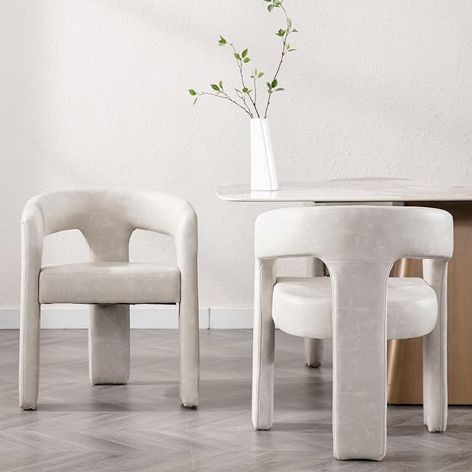 Modern Barrel Dining Chairs Set of 6, PU Leather Upholstered Accent Side Chair with Arms Comfy Makeup Vanity Chairs, Dining Living Room Kitchen Chairs, Grey