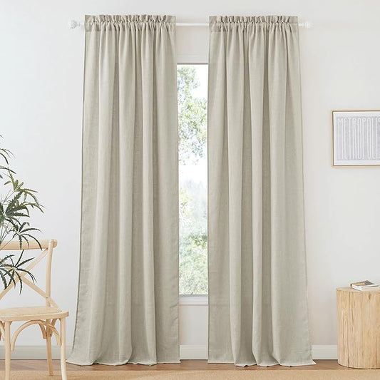 RYB HOME Linen Flax Curtains 84 Inches Long - Breathable Flax Linen Woven Semi Sheer Curtains Privacy Drapes UV Rays Protected for Room Divider, Wedding Party Backdrop, W 52" x L 84", Angora, 2 PC
