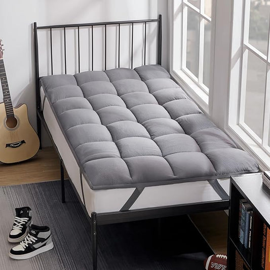 SLEEP ZONE Cooling Mattress Topper Twin Size Quilted Fitted Mattress Pad Cover, Soft Fluffy Down Alternative Pillow Top Bed Topper Deep Pocket 8-21 Inch (Grey, Twin)
