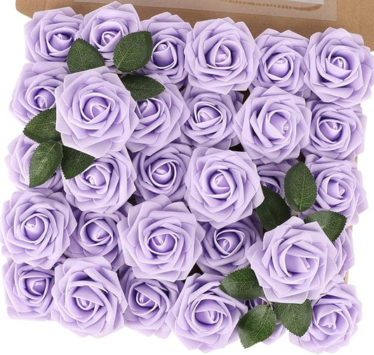 MACTING Artificial Lavender Flowers 30PCS Real Touch Fake Flowers with Stem Soft Foam Roses DIY Wedding Bouquet Boutonniere Table Centerpieces Party Spring Summer Home Decor