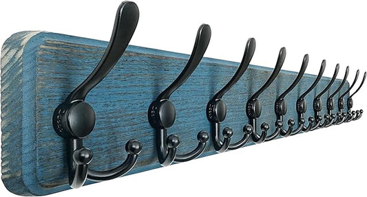 Dseap Coat Rack Wall - Heavy-Duty 38-1/4" Long, with Reinforced 10 Custom Tri-Hooks, Solid Wood Wall Hanger for Coats Hat Jackets - Rustic Farmhouse Entryway Hallway Storage, Weathered Blue & Black