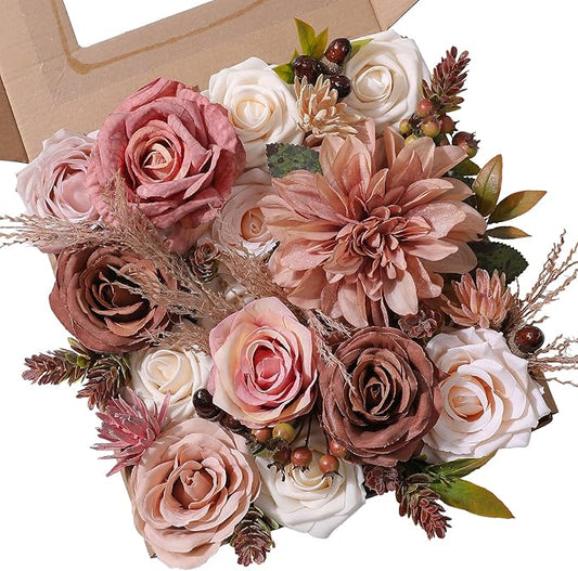 Artificial Flowers Combo Silk Mix Fake Flowers Leaf for DIY Wedding Bouquets Floral Centerpieces for Tables and Chairs Party Baby Shower Home Decorations(Coffee)