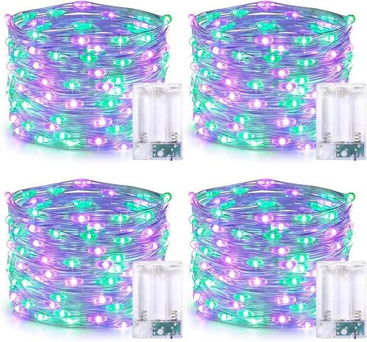 JMEXSUSS 4 Pack 50 LED Purple and Green Fairy Lights Battery Operated, 16ft String Fairy Lights for Tree Party Holiday Decor