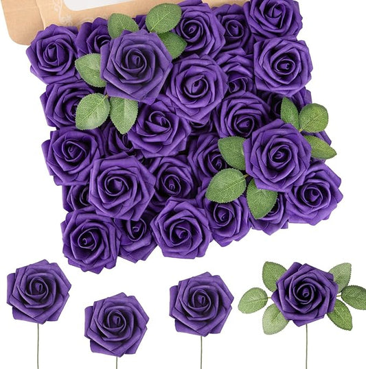 MACTING Dusty Purple Artificial Flower Roses 60PCS Real Touch Fake Flowers with Stem Foam Rose for DIY Wedding Bouquet Table Centerpieces Craft Party Holiday Home Mothers Day Decorations