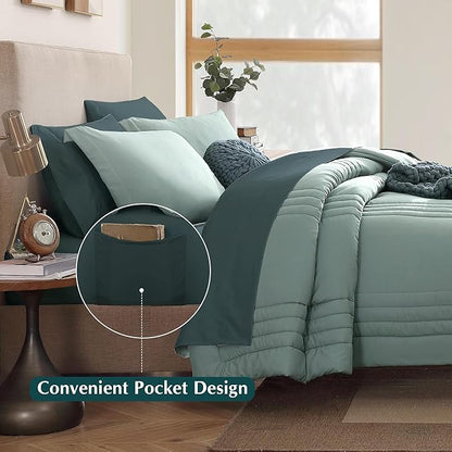 Monbix Twin XL Size Comforter Set - Extra Long 5 Pieces Dorm Bedding Sets, Quilting Design Fluffy Bed in a Bag Twin XL with Sheets, Pillowcase & Sham (Sage Green)