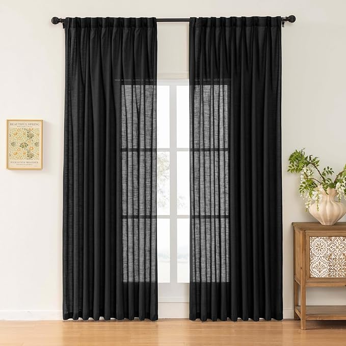 Black Linen Sheer Pinch Pleated Sliding Door Curtains, 2x50 Inches Width, Neutral Light Filtering Drapes 102 Inches Long, Textured Modern Farmhouse Floor to Ceiling Window Curtain Panels