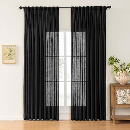 Black Linen Sheer Pinch Pleated Sliding Door Curtains, 2x50 Inches Width, Neutral Light Filtering Drapes 108 Inches Long, Textured Modern Farmhouse Floor to Ceiling Window Curtain Panels