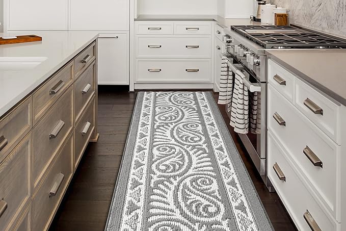 Custom Length Cut to Size Tribal Ethnic Southwestern Inspired Hallway Runner Rug, Non Slip Rubber Backed, 31 inch Wide X Customized Length, Mayan Grey, 31 inch X 4 feet, Doormat Size