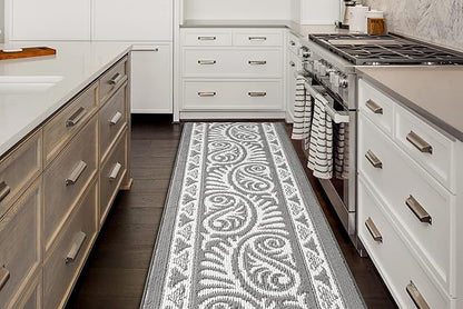 Custom Length Cut to Size Tribal Ethnic Southwestern Inspired Hallway Runner Rug, Non Slip Rubber Backed, 31 inch Wide X Customized Length, Mayan Grey, 31 inch X 7 feet