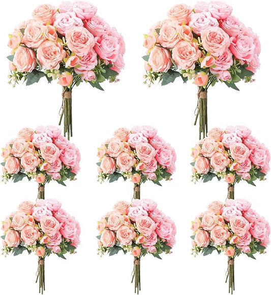 Geosar 8 Bundles Artificial Peonies Flowers Fake Silk Peony Bouquet Faux Peonies Flowers Bulk for Decoration Vase Floral Arrangements Wedding Party Table (Peach Pink,Light Pink)