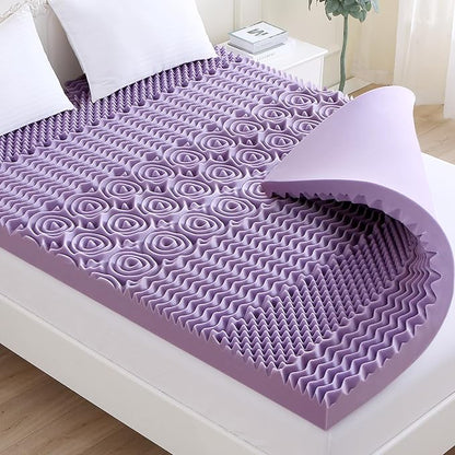 MUXHOMO 3 Inch 7-Zone Queen Mattress Topper, Egg Crate Foam Mattress Topper Queen Size for Back Pain, Lavender Cooling Gel Infused Bed Pad, CertiPUR-US and Oeko-TEX Certification (60"×80")