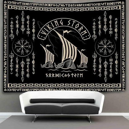 OSUNBD Viking Warship Tapestry Wall Hanging - Large 100x90 inches Storm & Celtic Runes on Soft Flannel Aesthetic Mythology Tapestries Norse Mythology Art for Bedroom, Living Room Decor