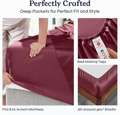 California Design Den Natural 100% Cotton Sheets, Soft Queen Sheet Set, 400 Thread Count Sateen, Deep Pockets with All-Around Elastic for a Snug Fit, Cool & Durable Bedding Set - Burgundy Red