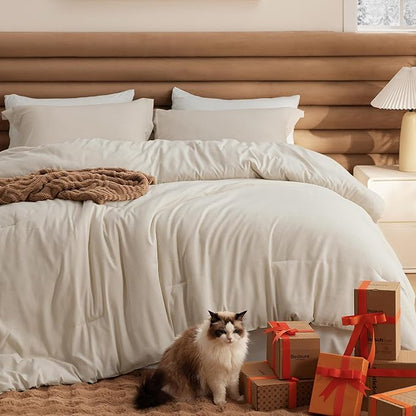 Bedsure Queen Comforter Set - Beige Soft Bedding for All Seasons, Cationic Dyed Bed Set, 3 Pieces, 1 Queen Size Comforter (90"x90") and 2 Pillow Shams (20"x26"+2")
