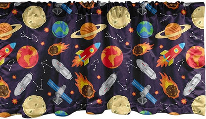 Ambesonne Space Window Valance, Universe Themed Illustration with Earth Moon Constellations Saturn Rockets Stars, Curtain Valance for Kitchen Bedroom Decor with Rod Pocket, 54" X 18", Dark Night Blue
