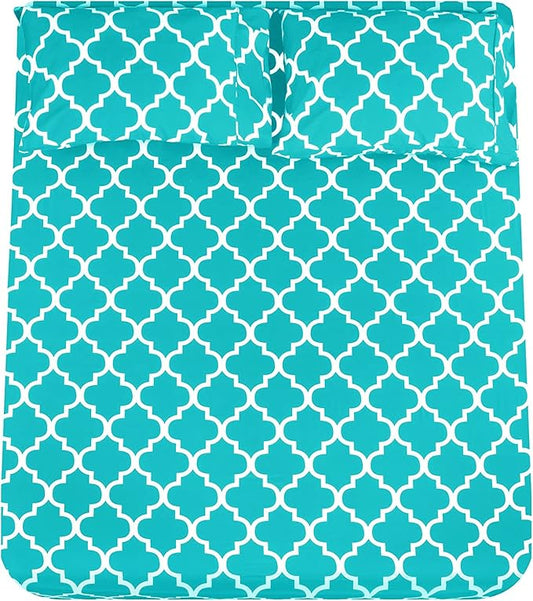Mejoroom King Bed Sheet Set - Super Soft Brushed Microfiber 1800 Thread Count Sheets with 15 inch Deep Pocket - Wrinkle Free - 4 Piece(Aqua Quatrefoil with White Pattern)