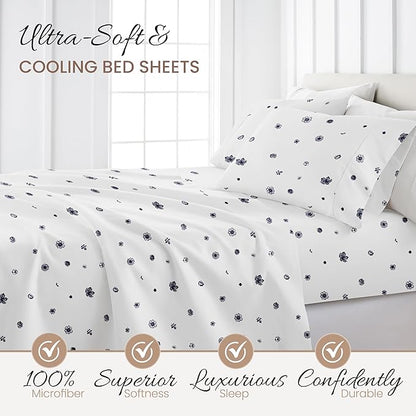 Linen Market 4 Piece King Sheet Set - Breathable, Double-Brushed Patterned Cooling Sheets – Oeko-TEX Certified Ultra Soft & Wrinkle-Free 16" Deep-Pocket King Sheets - Easy Care Indigo Flowers Navy