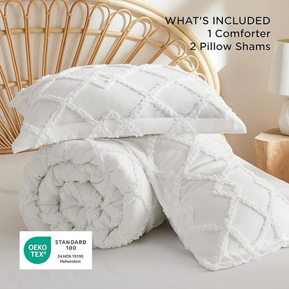 Bedsure Boho Comforter Set Queen - White Tufted Queen Size Comforter, 3 Pieces Farmhouse Shabby Chic Embroidery Bed Set, Soft Fluffy Geometric Pattern Bedding for All Seasons