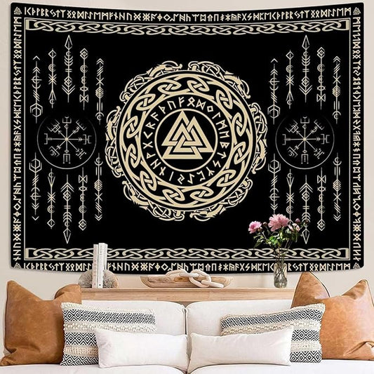 OSUNBD Nordic Viking Tapestry Wall Hanging - Large 118x78 inches Soft Flannel with Valknut, Celtic Runes & Norse Mythology Scandinavian for Bedroom, Living Room Decor