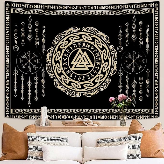 OSUNBD Nordic Viking Tapestry Wall Hanging - Large 108x90 inches Soft Flannel with Valknut, Celtic Runes & Norse Mythology Scandinavian for Bedroom, Living Room Decor