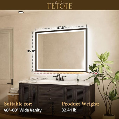 TETOTE 48x36 LED Mirror for Bathroom Gold Metal Frame Frontlit & Backlit Lighted Vanity Mirror Baroque Anti Fog Stepless Dimmable White/Warm/Natural,CRI90+,Waterproof,Wall Mounted(Horizontal/Vertical)