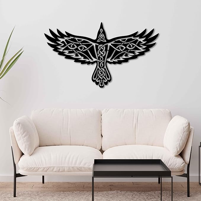 KAWA METALWORKS Nordic Viking Raven Metal Wall Art Decor, Norse Mythology Sculpture, Odin's Raven Wall Decor (Gold, Small - 10.2" x 18" H x W)
